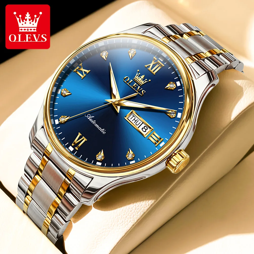 

OLEVS Mens Watches Top Brand Luxury Stainless Steel Waterproof Luminous Week Calendar Fashion Blue Mechanical Watch for Men