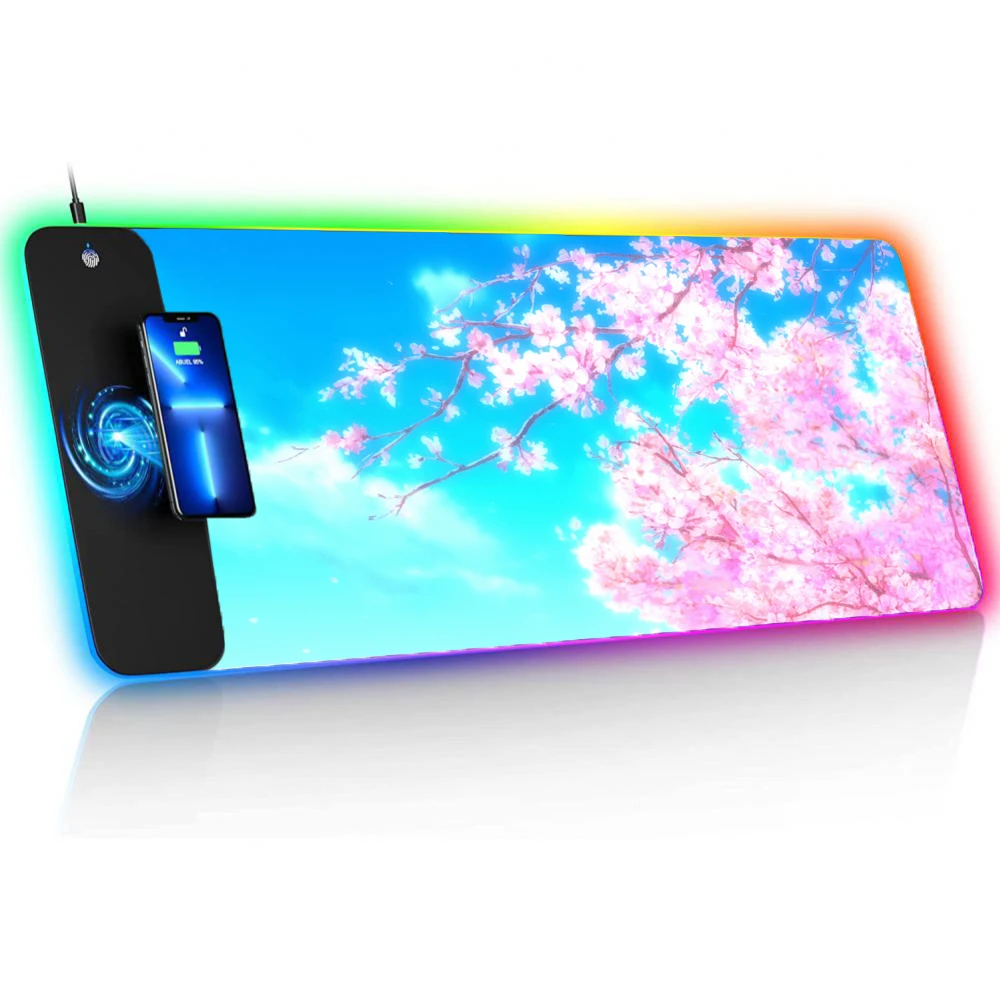 Wireless Charging Gaming Mouse Pad Desktop Computers Anime Scenery Sakura Gaming Room Decoration Mouse Pads Laptop Accessories