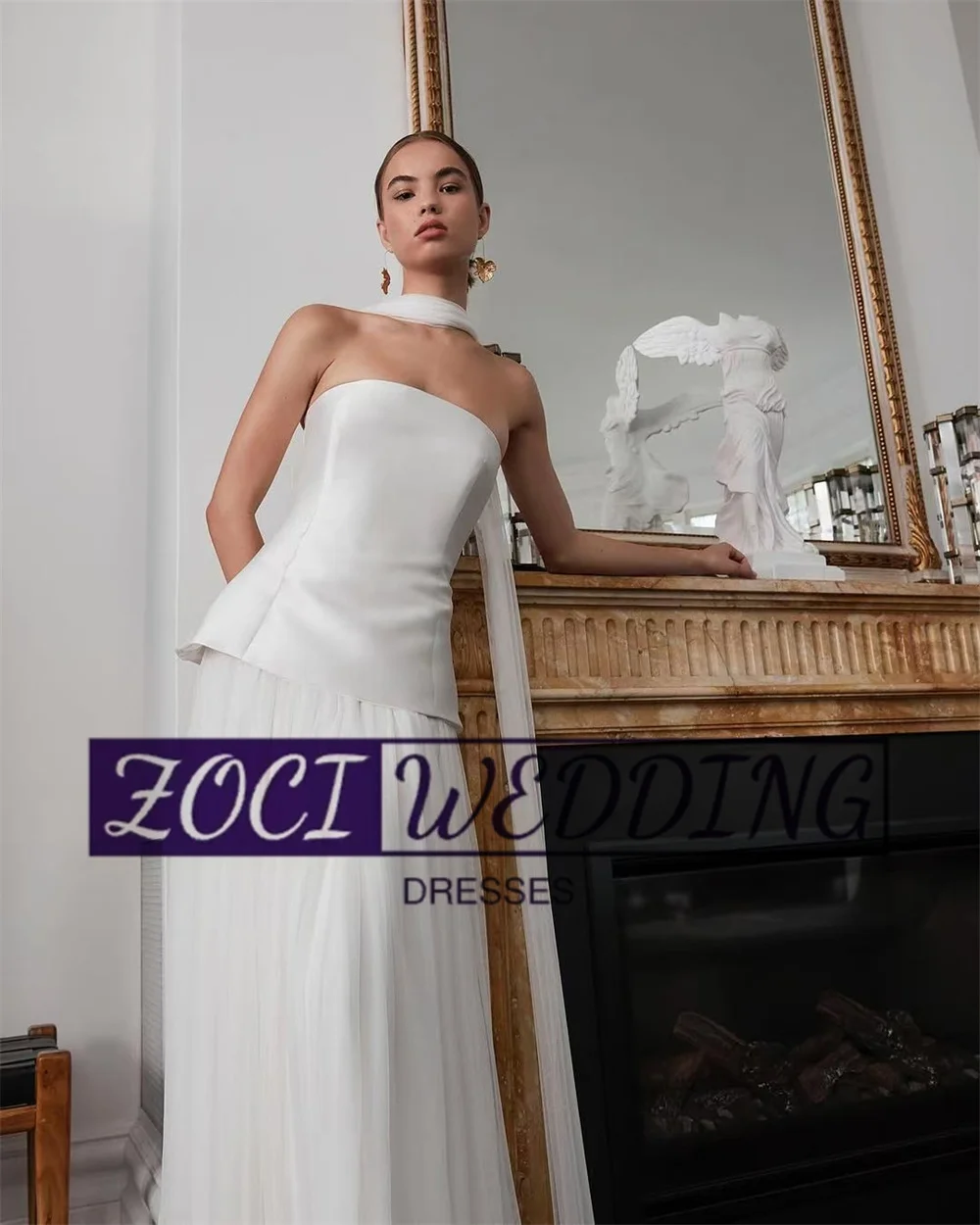 Zoci Elegant Strapless ชุดแต่งงานแขนกุดซาติน Tulle A Line ชุดเจ้าสาวที่กําหนดเอง Backless ชั้น Beach ชุดเจ้าสาว