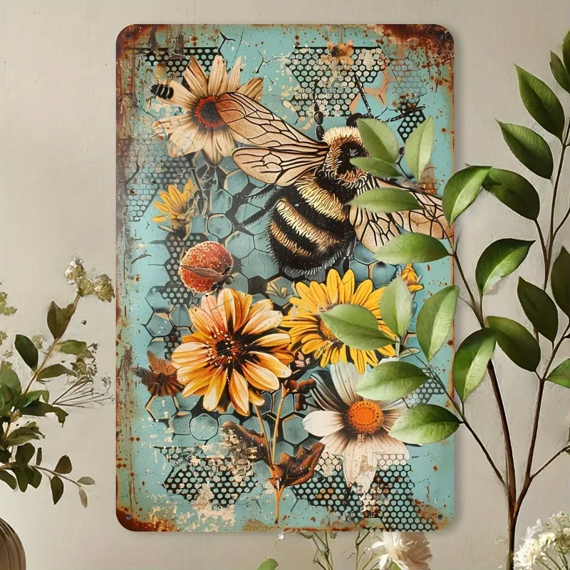 Vintage Bee with Floral Iron Logo Country Wall Art for Home Office Gym  Durable 8x12 Inch Iron Trim Ideal for Home Décor