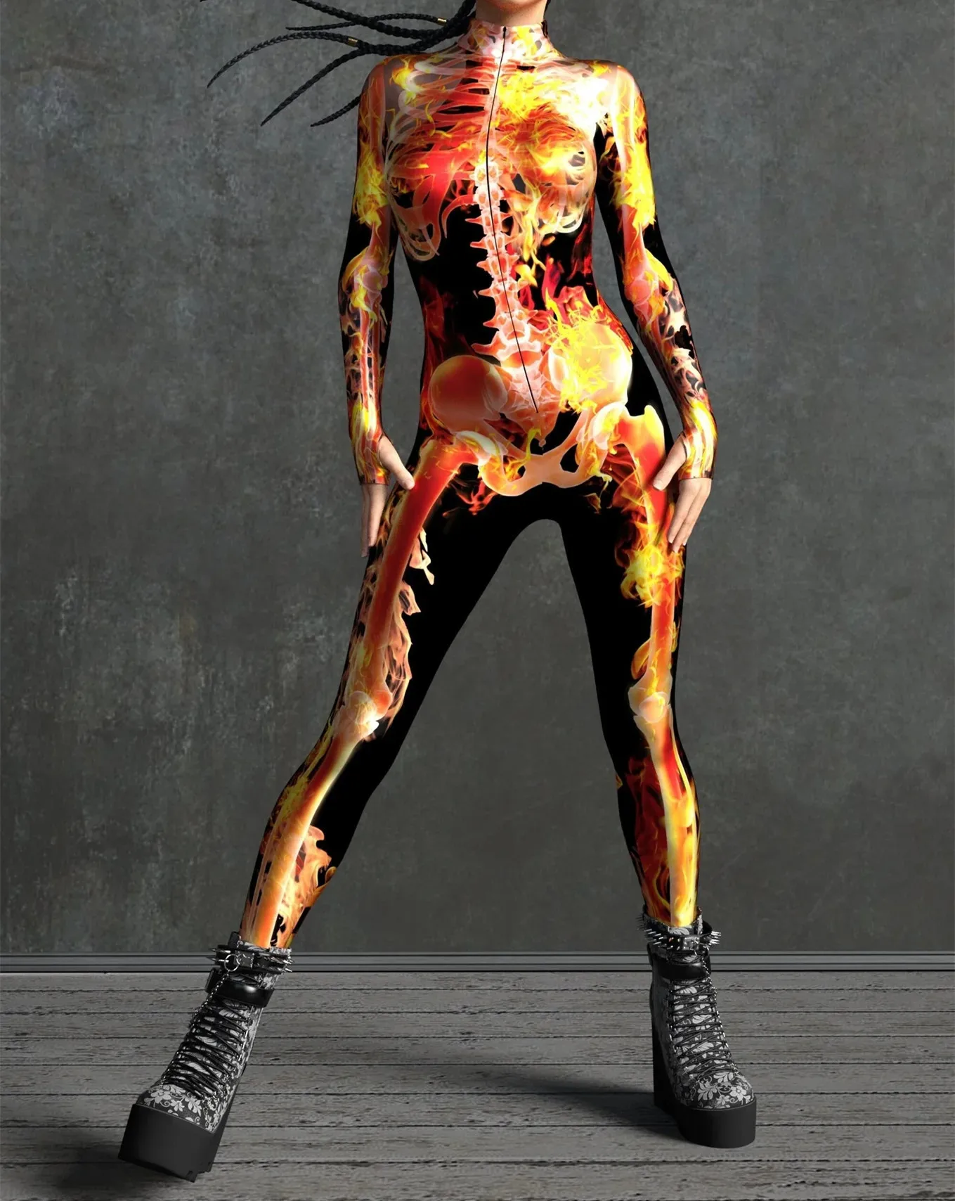 Halloween Skinny Damen Bedruckter Bunter Totenkopf Cosplay Jumpsuit Cyberpunk Zentai Anzug Karnevalsparty Aerial Performance Bodysuits – Detail 5