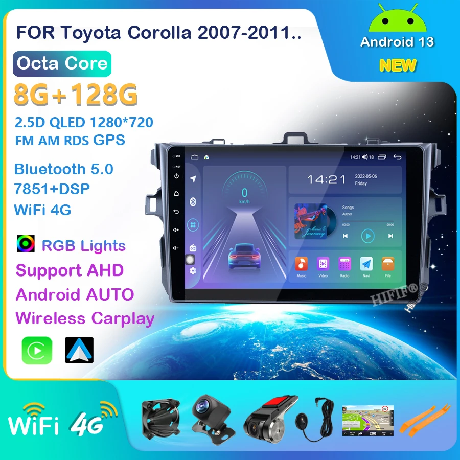 4G RAM 64G ROM DSP IPS Android 13 CAR DVD GPS радио Carplay для Toyota corolla 2007-2011 DVD-навигационный экран стерео мультимедиа