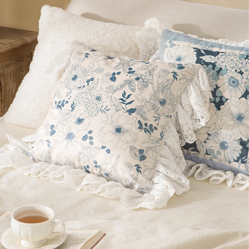 Blue Daisy Printed Pillowcase Vintage Floral Pastoral Home Sofa Decorative Pillow Square Short Plush Elegant Lace Cushion Cover