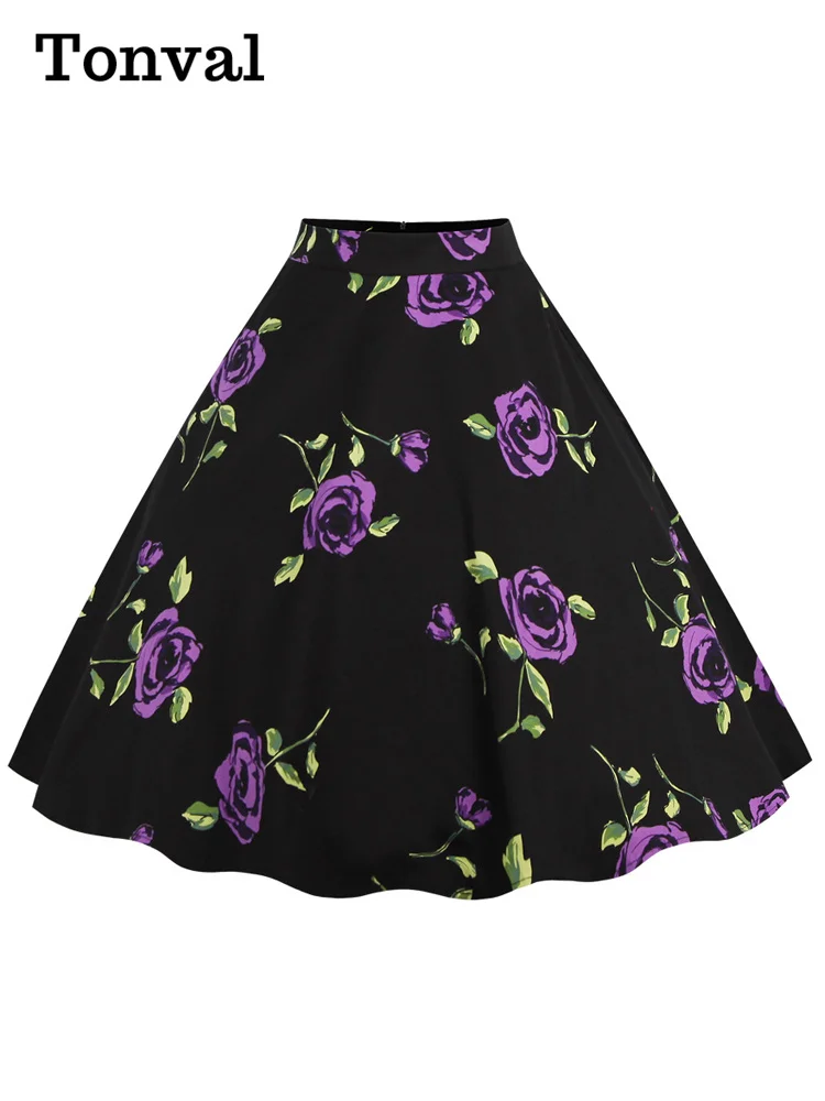 Tonval-Saia Midi Floral Vintage Feminina, Estampa de Flores Retro, Cintura Alta Década de 1950, Saia Algodão Linha A, Elegante