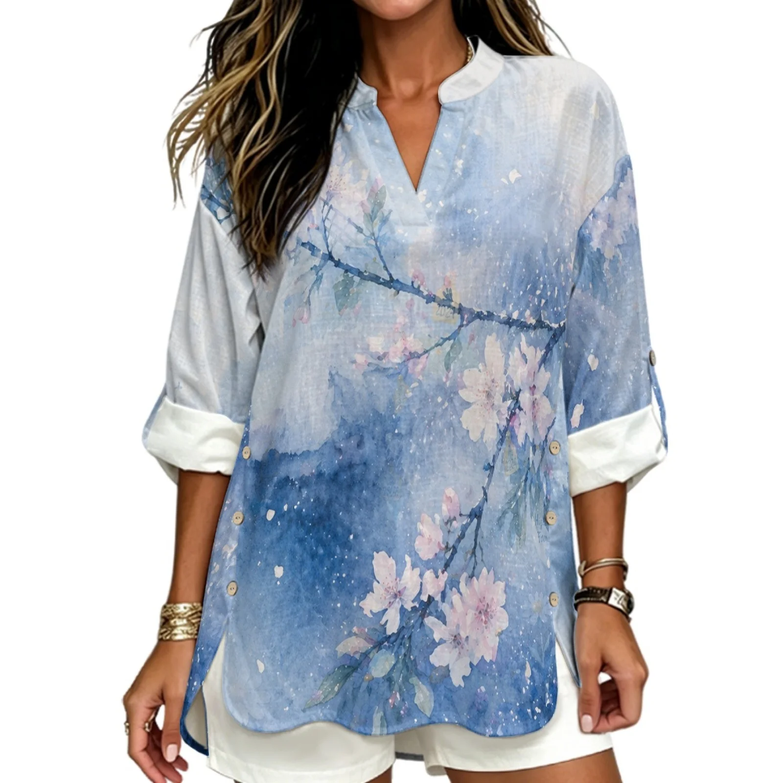 PENSTROLL Roll up Linen Like Dressy Casual Blouses Rolled Sleeve Casual Shirts for All Occasions Blue Floral Print