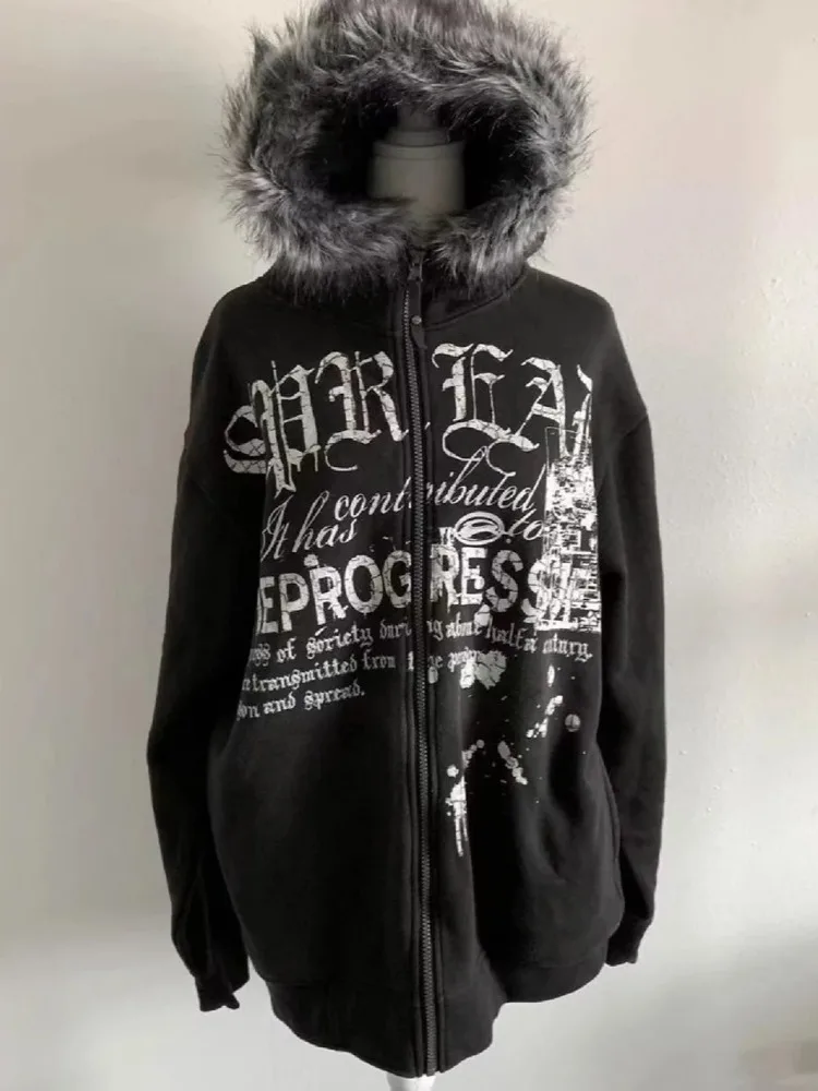 Y2K Gothic Punk Women Hooded Jacket Cat Ears Design Faux Fur Trim Skulls Print Harajuku Style Long Sleeve Casual Coat Autumn New