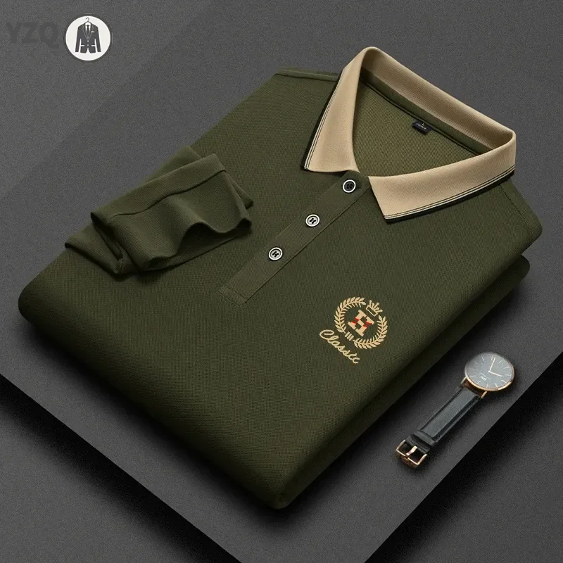 New Men's Business Casual Long Sleeved Shirt with Badge Solid Color Polo Shirt Fashionable Breathable Comfortable Versatile Top