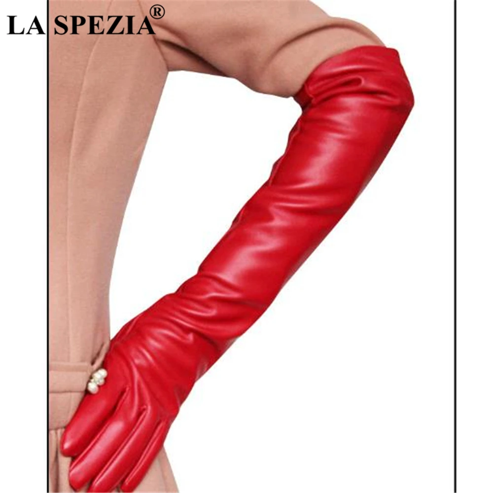 LA SPEZIA Long Gloves Women Pu Leather Solid Black White Red Coffee Pink Autumn Winter Fashion Ladies Elbow Length Gloves