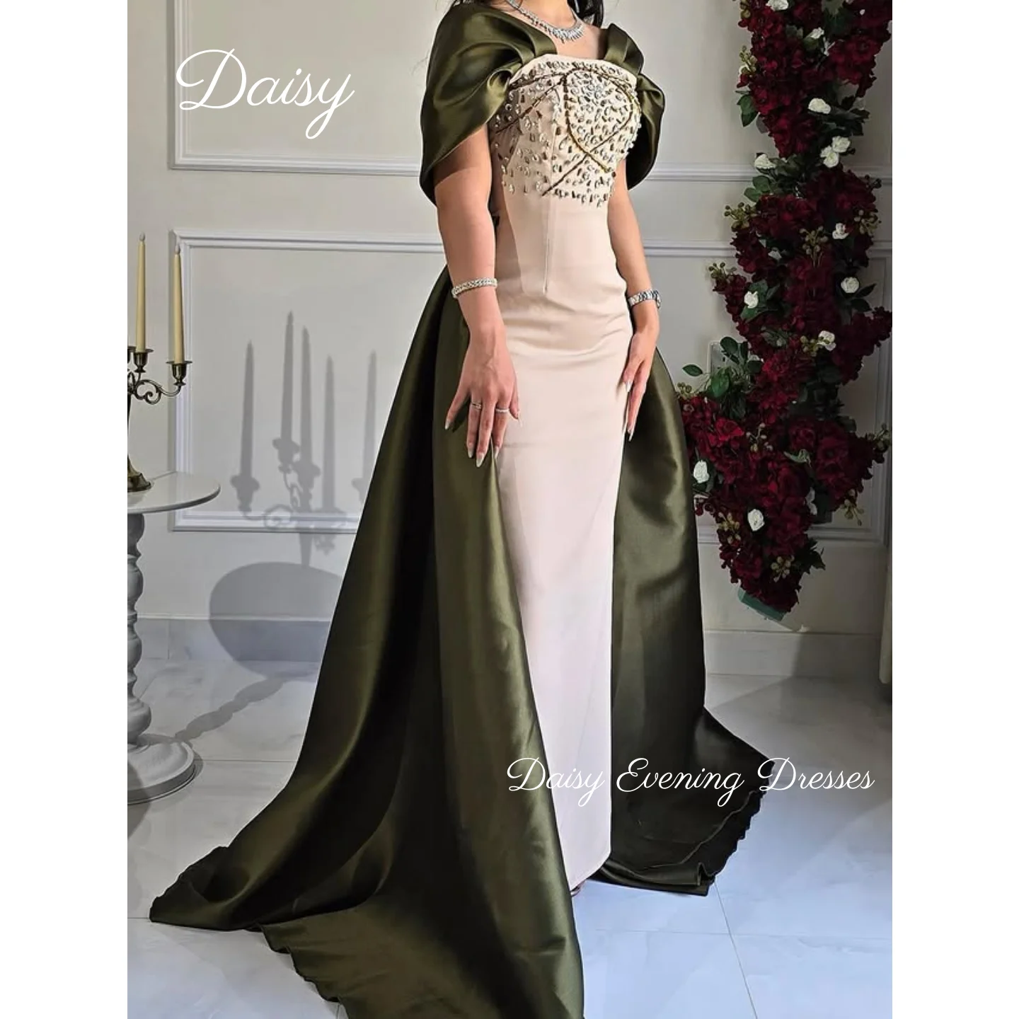 

Prom Dress Satin Beads Evening Party Gowns V-Neck Green Elegant Vintage Sweet Crystal Customize Formal Occasion Wedding Dress