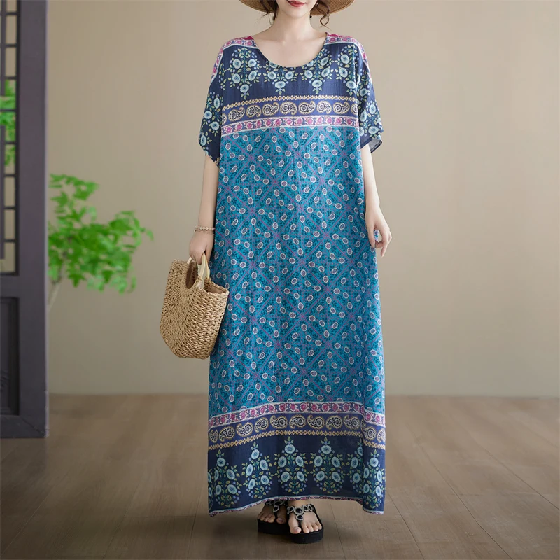 

Summer New Loose Large Size Thin Cotton Linen Short Sleeve round Neck Robe Vintage Artistic Skirt Women's plus Size Dress