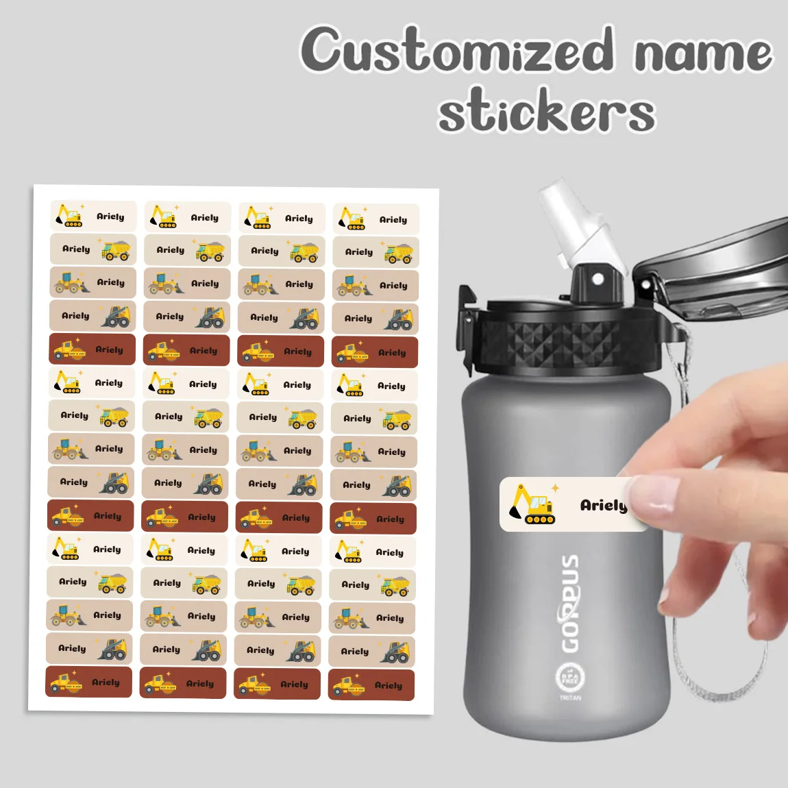 120 peças adesivos personalizados com nome infantil, etiquetas à prova d'água com tema de caminhão de construção para material escolar, livros, copos, lancheiras