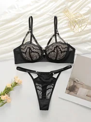 High Quality New Sexy Underwear For Women's Lace Transparent Hollow 3/4 Bra Gathering Steel Ring Push Up Underwear Set HR2634