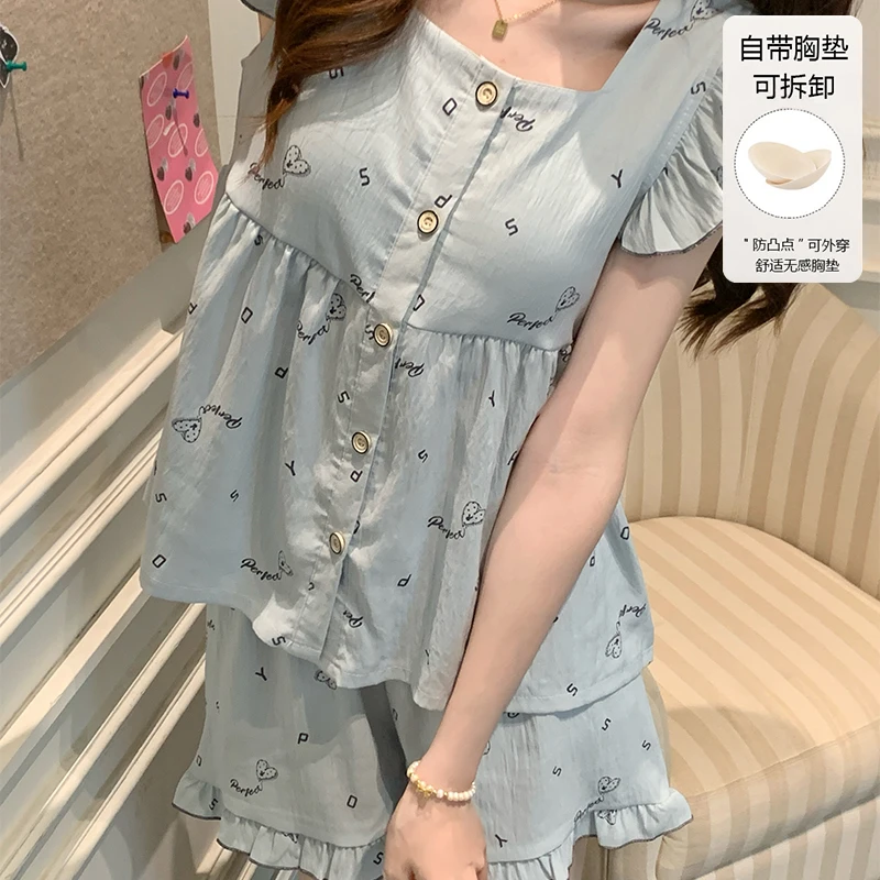 

Pajamas women's summer sleeveless shorts two-piece set girls sweet cute loose summer with breast pad homewear