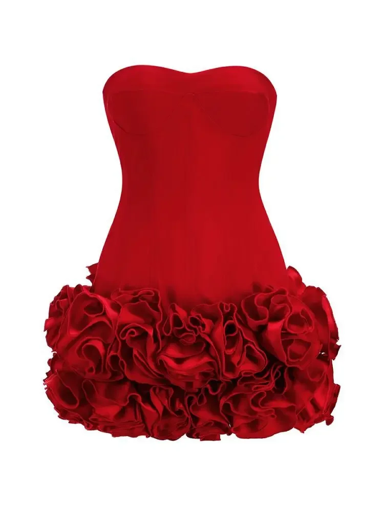 2024 Ladies Sexy Strapless Backless Red Flower Mini Women Celebrity Dress Elegant Party Evening Club Vestido Clothing