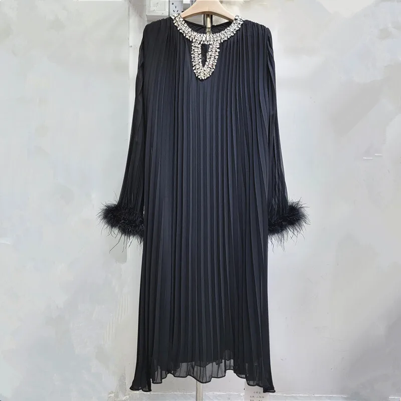 [EWQ] Fashion Design Tassel Long Sleeve Spliced Diamonds Pleated Dress Loose Casual Women Mid Length Dresses 2024 Autumn 16O2835