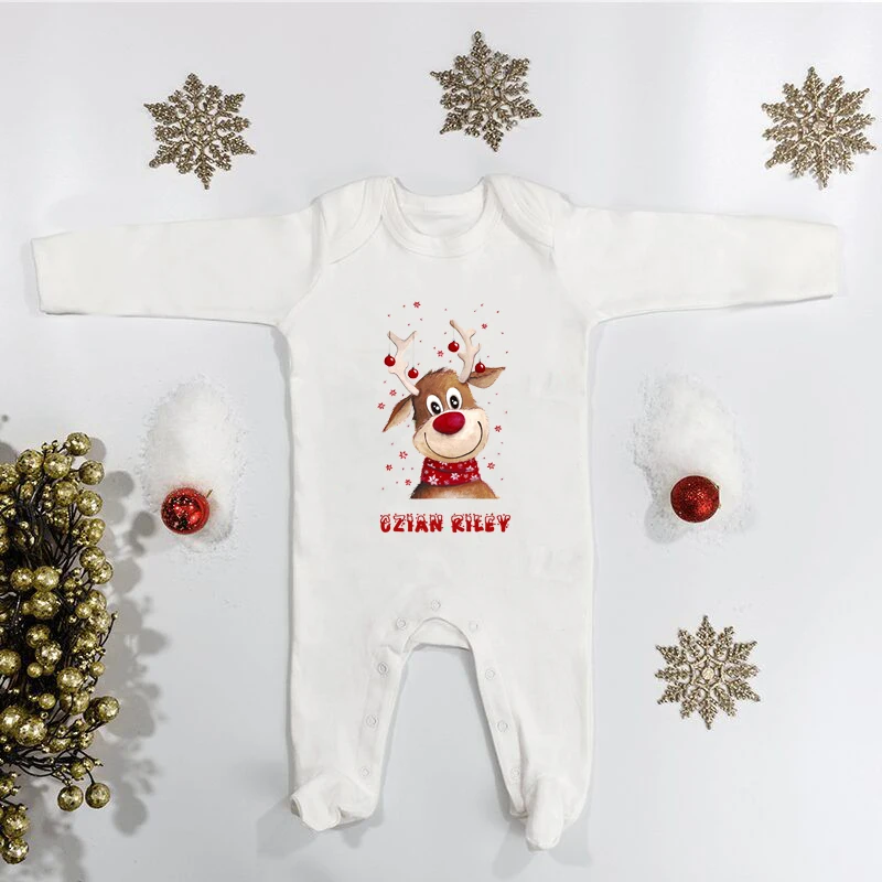 Personalised Christmas Baby Grow Custom Reindeer Baby Romper Sleepsuit for Boy Girl First Christmas Outfit Xmas Baby Keepsake