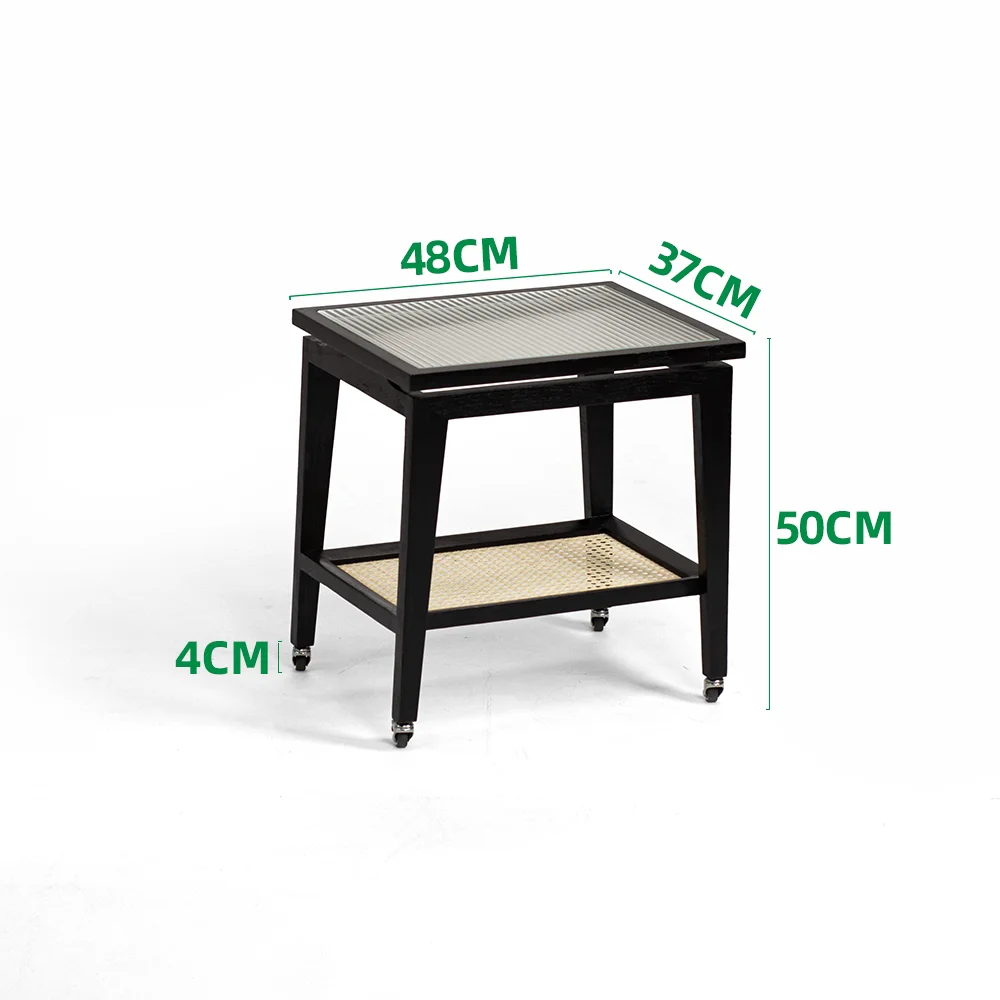 Solid wood rattan movable coffee table living room storage balcony trolley log wabi sandy wind black