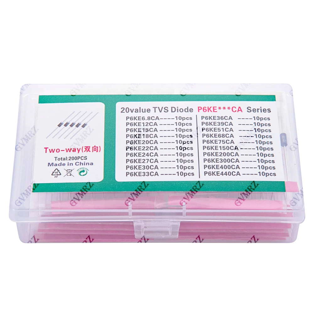 200pcs 20values*10pcs TVS transistor Kit P6KE6.8CA/CA 24/27/30/33/36/39/51/68/75/CA TVS Diode 12/15/18/20/22CA