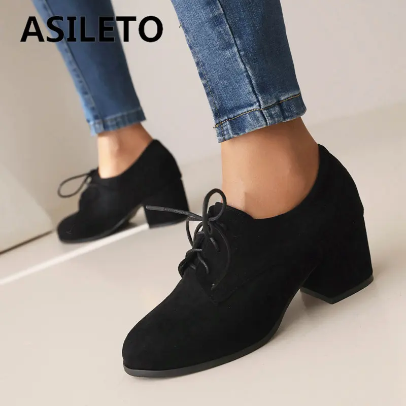 ASILETO Design Women Pumps Round Toe Block Heels 6cm Lace Up Flock Large Size 43 44 45 Office Lady Casual Female Shoes