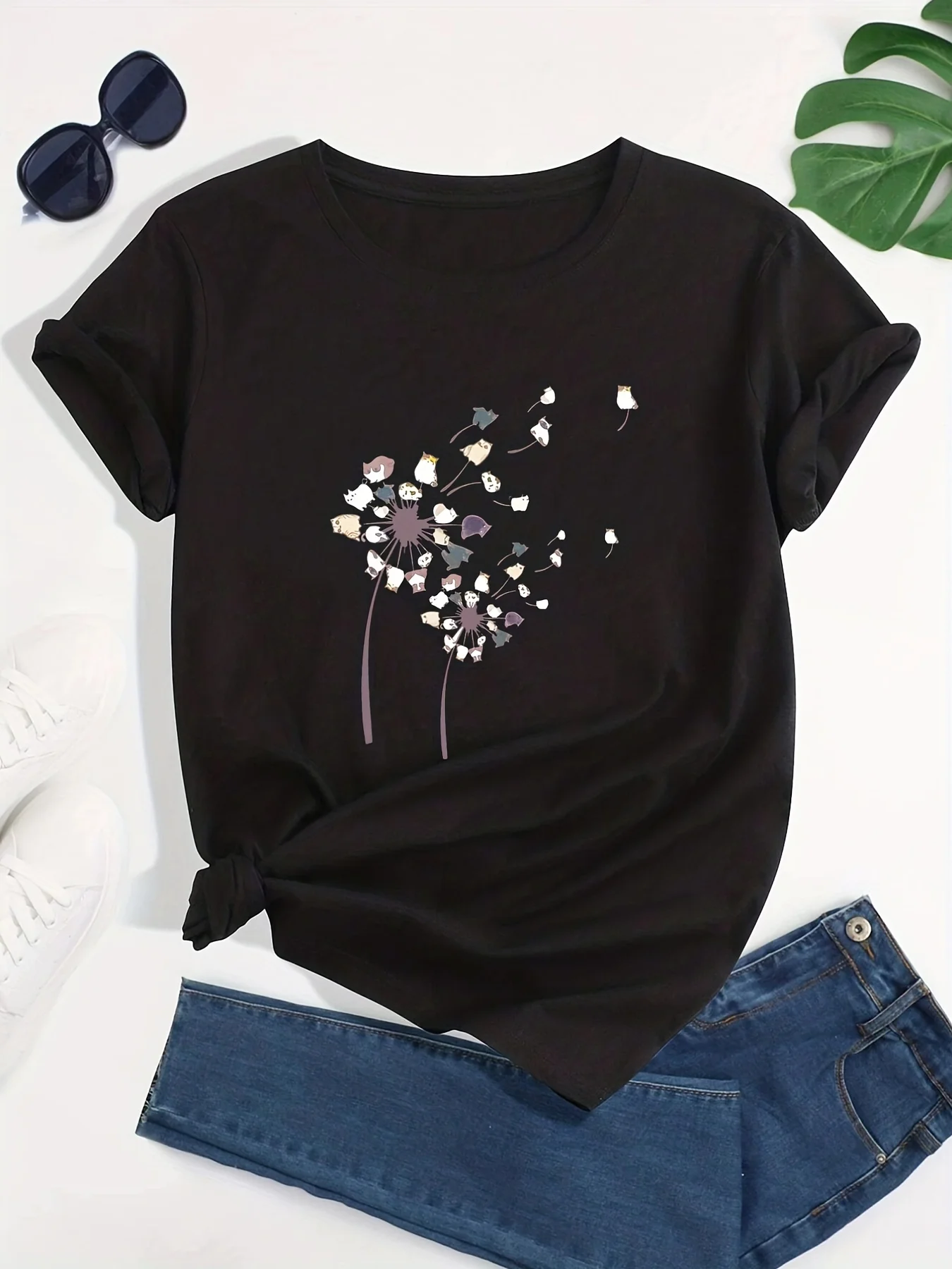 Schattig Grafisch T-Shirt Met Kattenprint Voor Dames-Valentijnsdag Cadeau, Casual Top Met Korte Mouwen En Ronde Hals