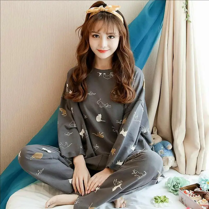 

Women's Pajamas Top and Bottom Set Cat Pattern Long Sleeve Cotton Cute Elegant Soft Sweet Fallow 2pcs/ Set of Loungewear Comfort