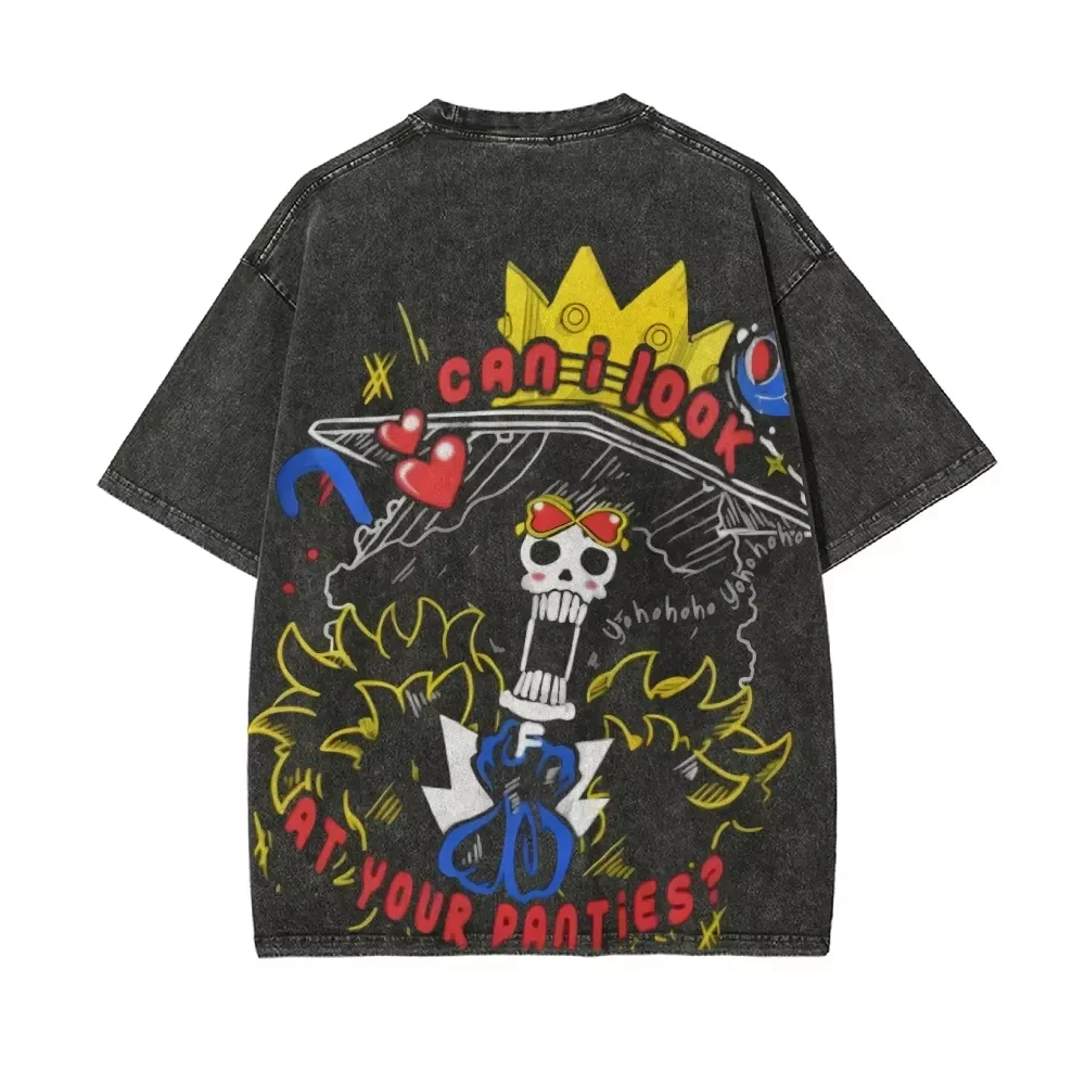 ONE PIECE Brook Bedrucktes, gewaschenes Kurzarm-T-Shirt im Goth-Street-Style, Retro-Look, Anime-Peripherie, Sommer-Oberteil für Herren und Damen