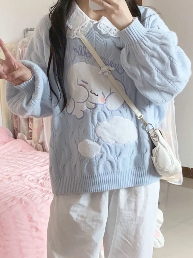 Sanrio Lolita Sweater Cinnamoroll Patch Embroidery Spring Autumn Sky Blue Knitted Sweater Kawaii Soft Girl tops Student Pullover