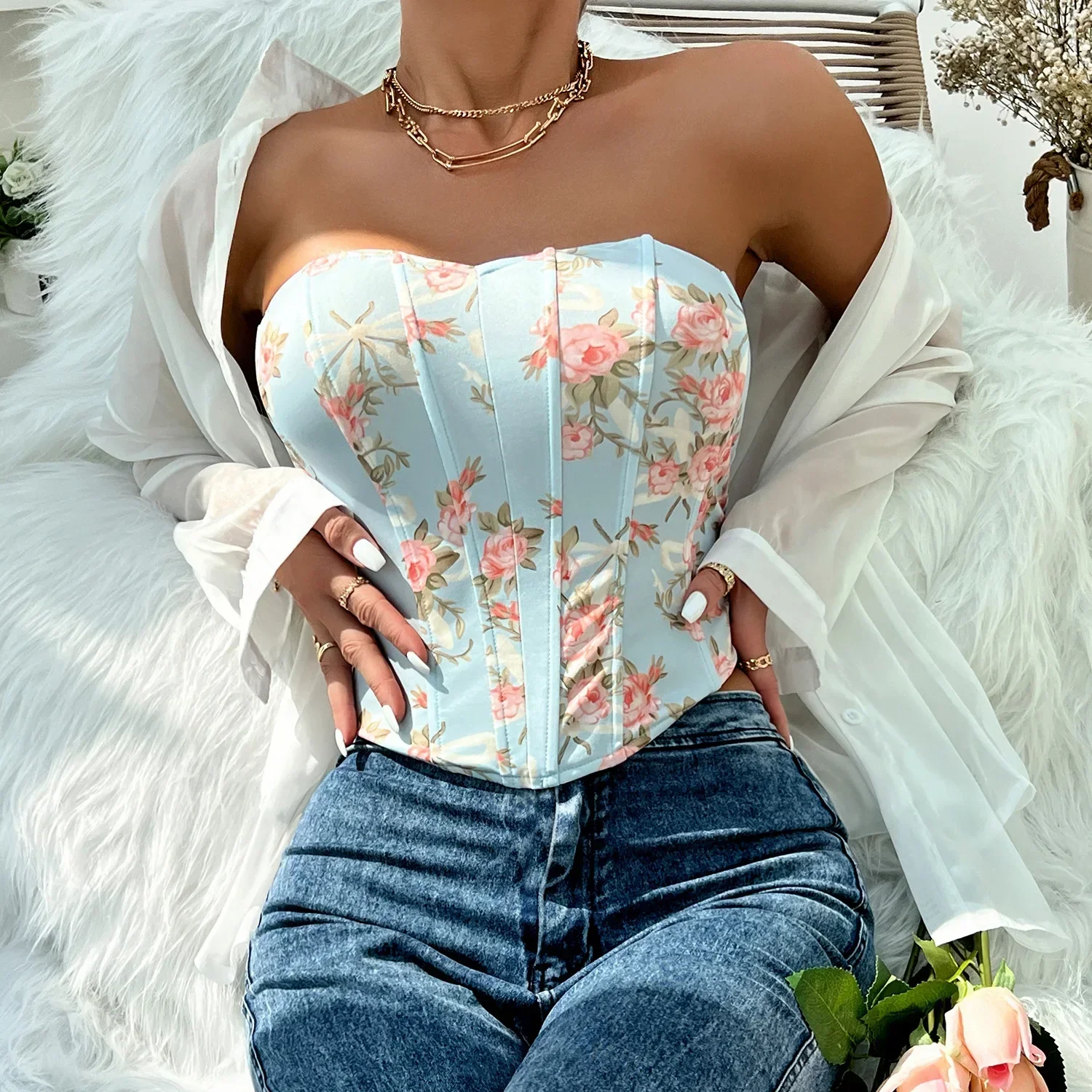 Sexy Flower Corsets Women Shaper Camis Underbust Body Woman Clothes Casual Bustier Ladies Crop Tops Lingerie Strapless Tanks