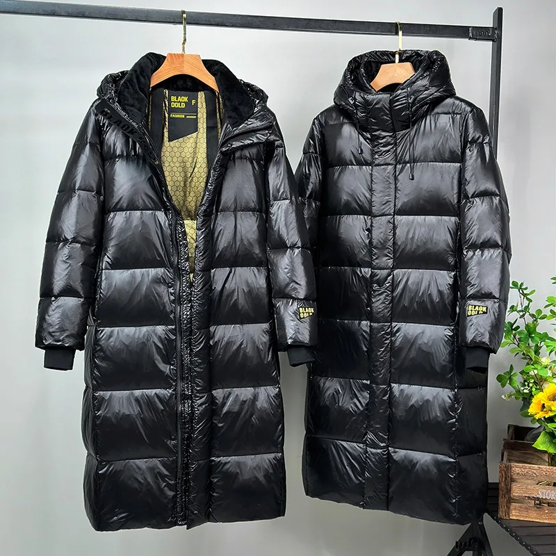 Winter Black Hooded Down Jacket Women's Mid-Length White Duck Down Coat Warm Thick Windproof Trench Coat Long Sleeve Snow Jacket