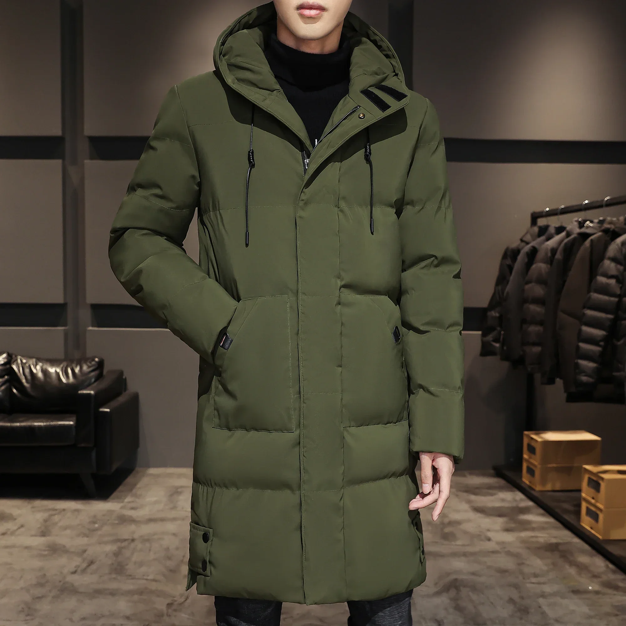 Quality Long Cotton-padded Coat Warm Simple Solid Color Thin Look High Trend All Quality Fabric Comfortable Men's Parkas down