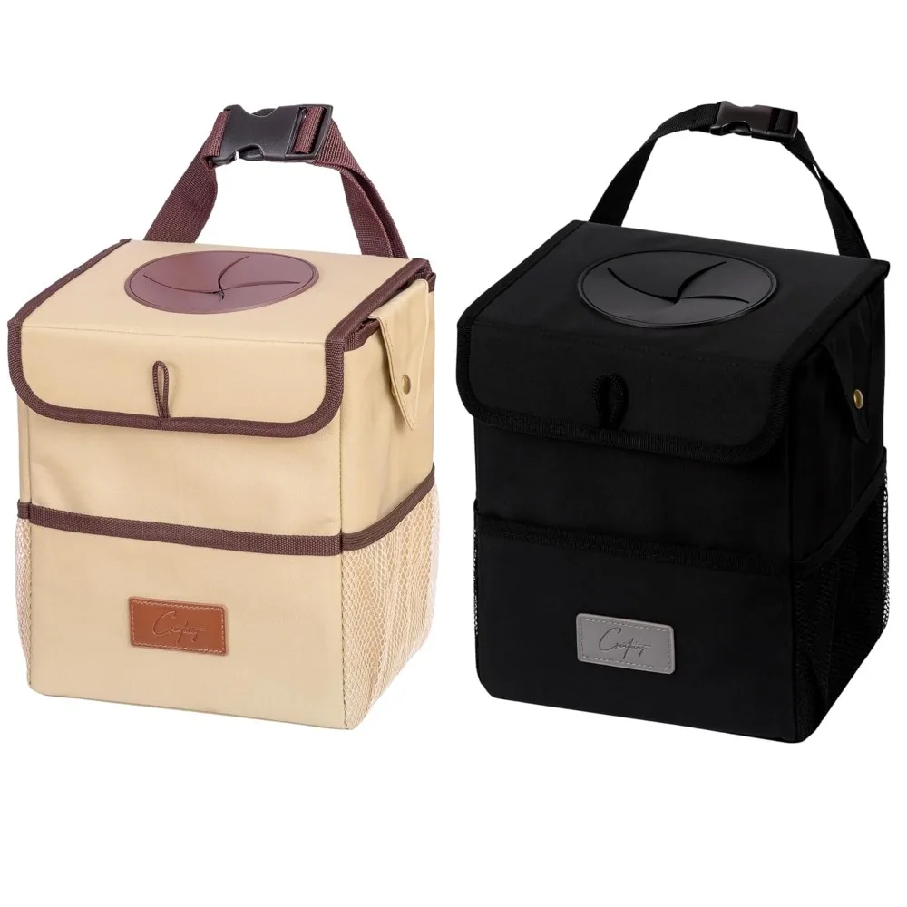 

Vehicle Waste Bin Set with Lid Removable Liner Console Floor Seat Mount Two Gallon Beige and Black