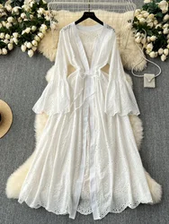 French Beach Dress Women Sexy Hollowed Out Embroidered White Long Dresses Ladies Flared Sleeves Cardigan Dress Long Robe