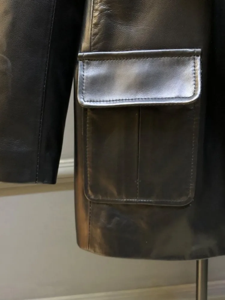 Colletto da abito da donna da ufficio Giacca in vera pelle tinta unita Slim maniche lunghe Pelle di pecora Tasca con bottoni Cintura Capispalla moda