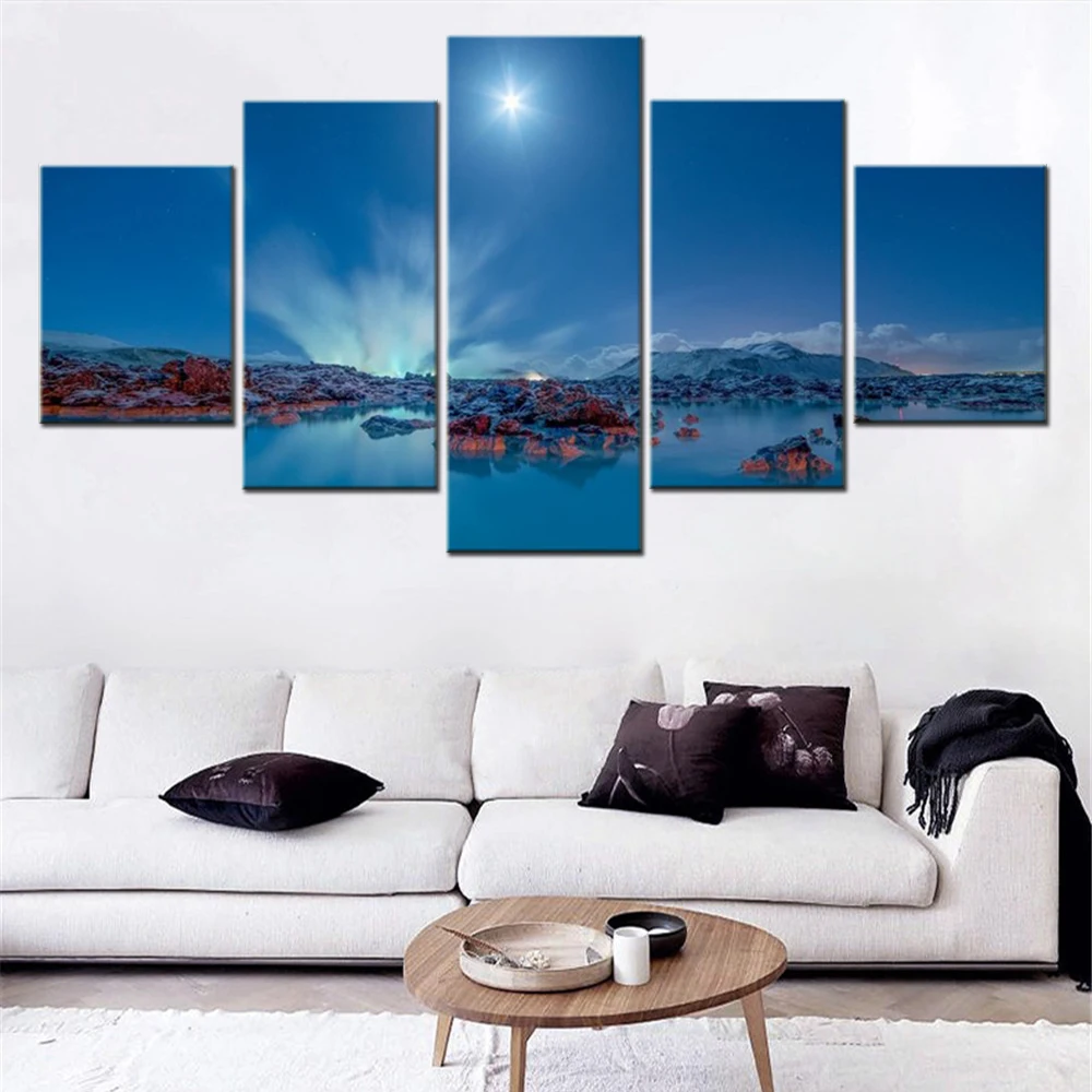 5 Piece Canvas Wall Art Poster Painting Landscape Sea Coast Iceland Lagoon Night Moon Picture Print Home Decor Living Room Mural