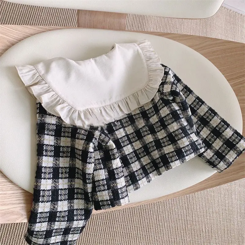 Abrigo de lana a cuadros para niña, conjunto de dos piezas con cuello de muñeca, Falda plisada, ropa para bebé, primavera y otoño