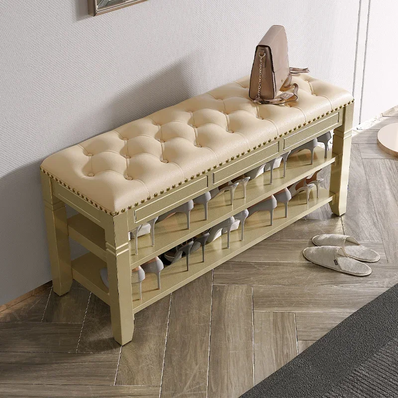 New Chinese-style door storage, shoe changing stool,  cabinet, all solid wood, simple leather, shoe stool, simple shoe rack,