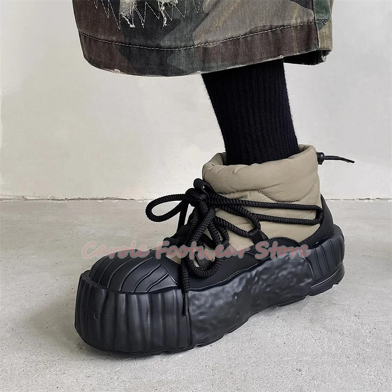 Male Bread Big Head Thick-Soled Cross Strap Snow Boots Winter Warm Casual Shoes Mixed Color High Top Men's Short Boots