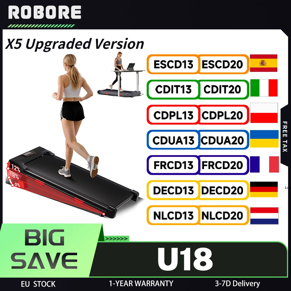 Tapis roulant pliable ROBORE U18 avec inclinaison de 12 %, vitesse maximale de 10 km/h, 3 niveaux, moteur sans balais de 2,75 CV, capacité de 150 kg, en temps réel