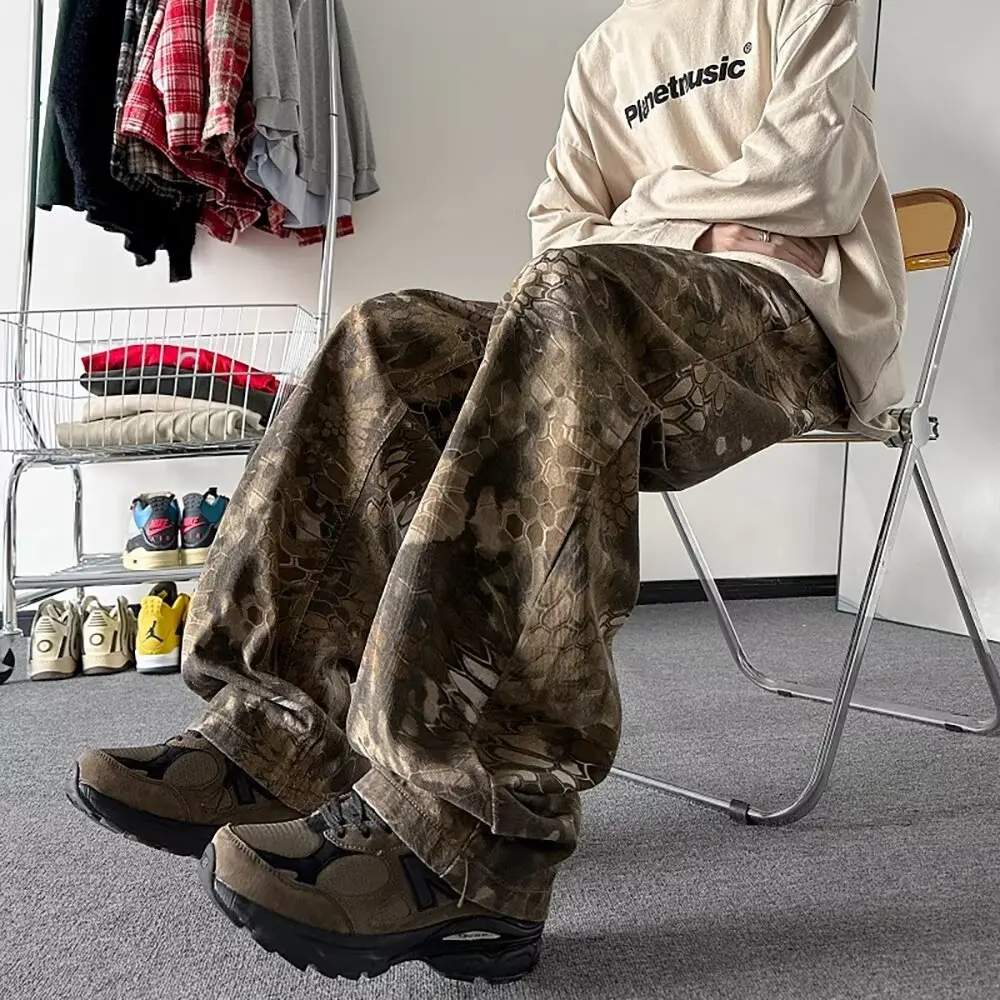 American Vintage Camouflage Pants Snake Animal Print jeans for Men Wide Leg Jeans Male Streetwear Hip Hop Demin Trousers