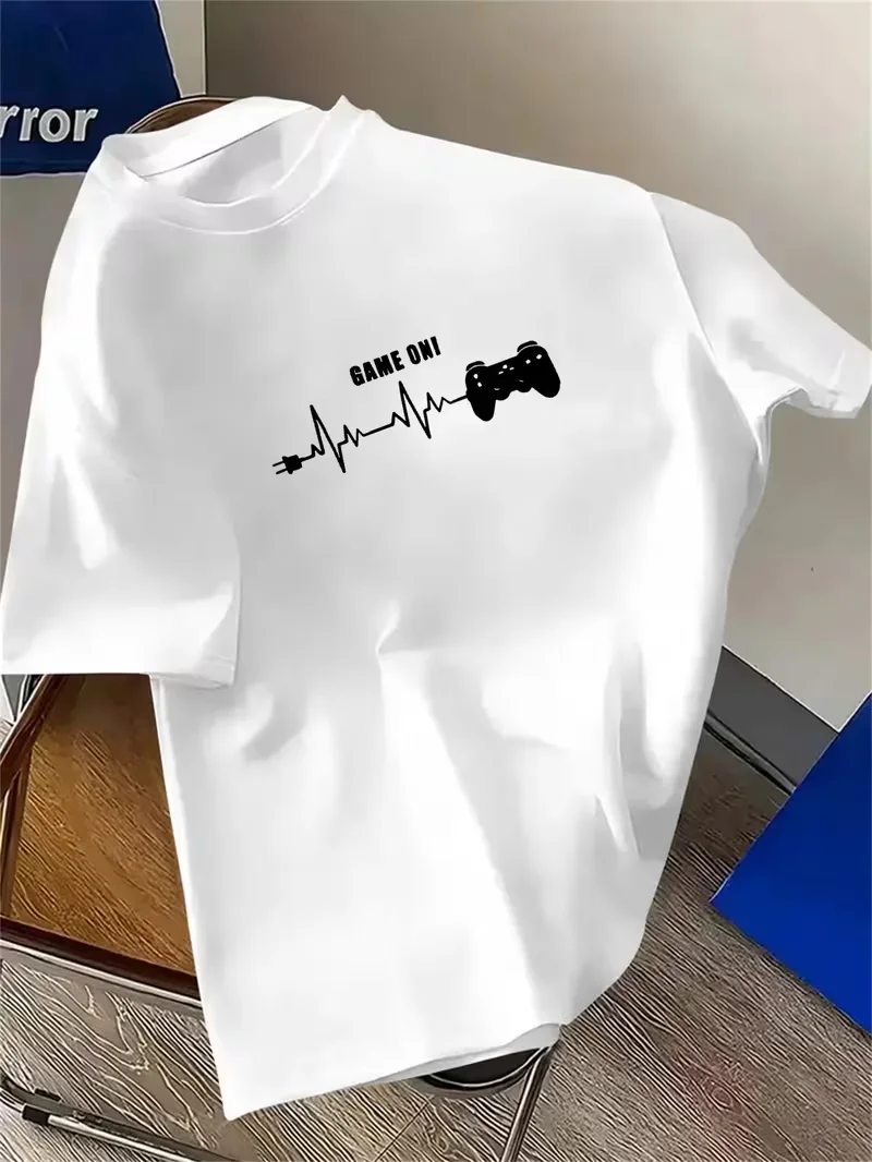 Game on T-shirt Game Controller Heartbeat Graphic T-Shirt , Casual Loose Crew Neck Short Sleeve, Gamer Print, Daily Casual Top
