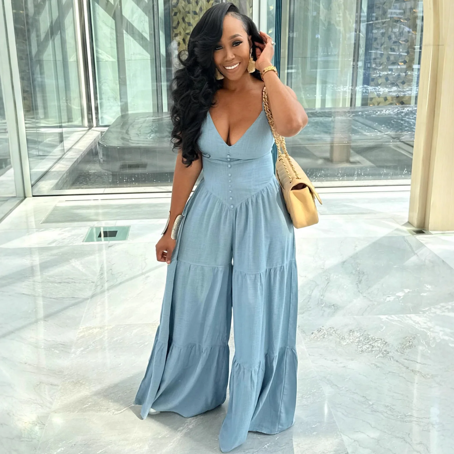 Summer Arrival Women's Solid Color Sleeveless V Neck Waist Cinched Flowy Wide Leg Comfortable Casual Commuter Versatile Jumpsuit