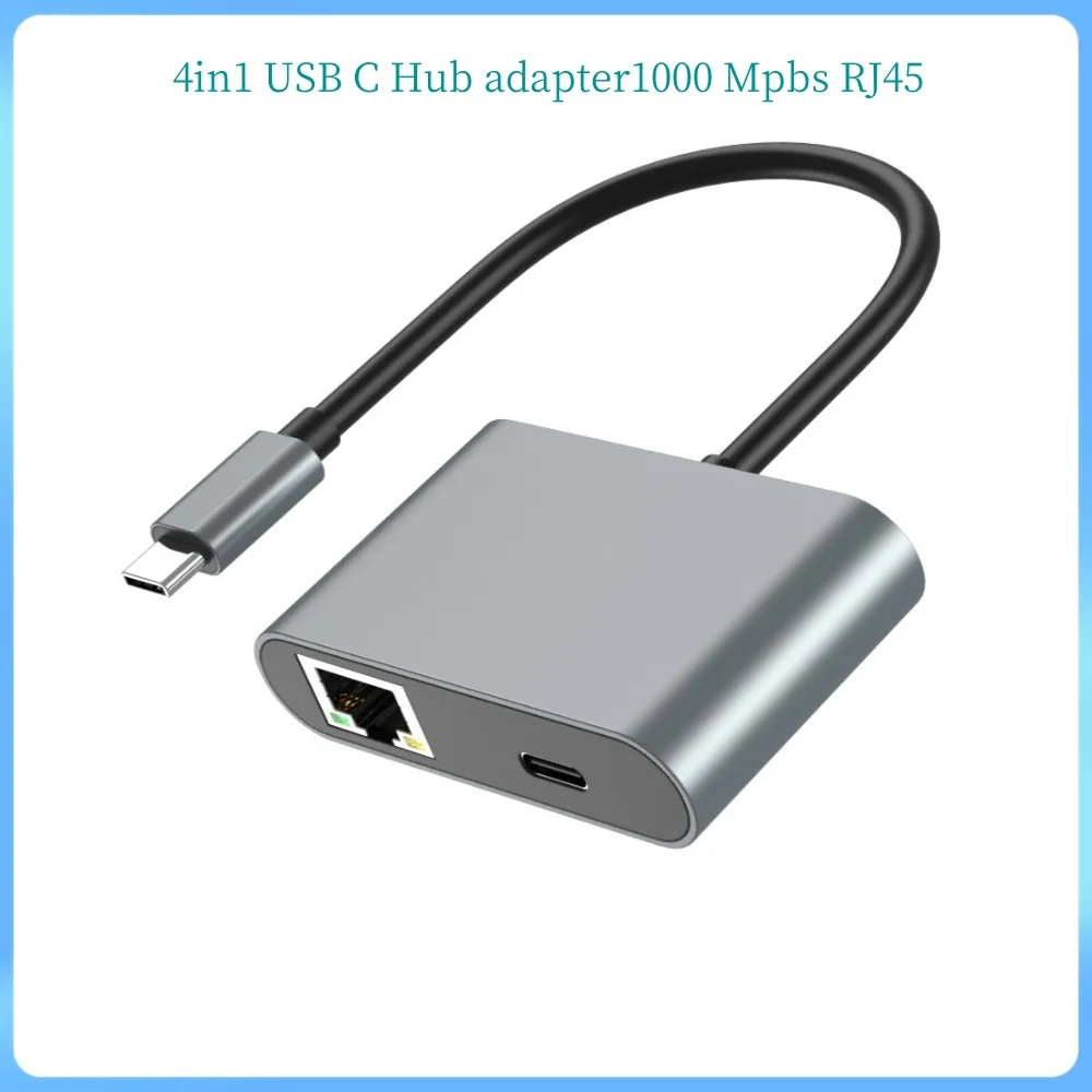 Adaptador de rede 4 em 1 USB C para Ethernet Hub 1000 Mpbs RJ45 Gigabit Ethernet LAN Converter para Mac/Windows/OS/Linux e mais