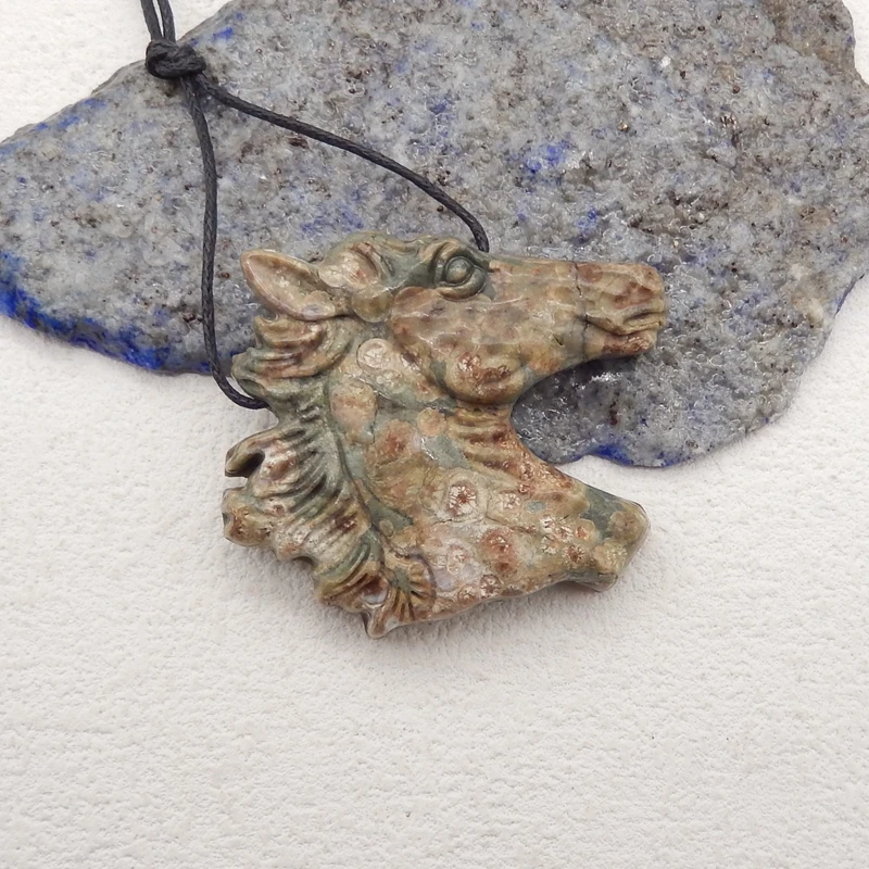 Natural Stone Frog’Eye Carved Horse Head Pendant Bead,Semiprecious Fashion Jewelry, Necklace Accessories,48x47x9mm,21g