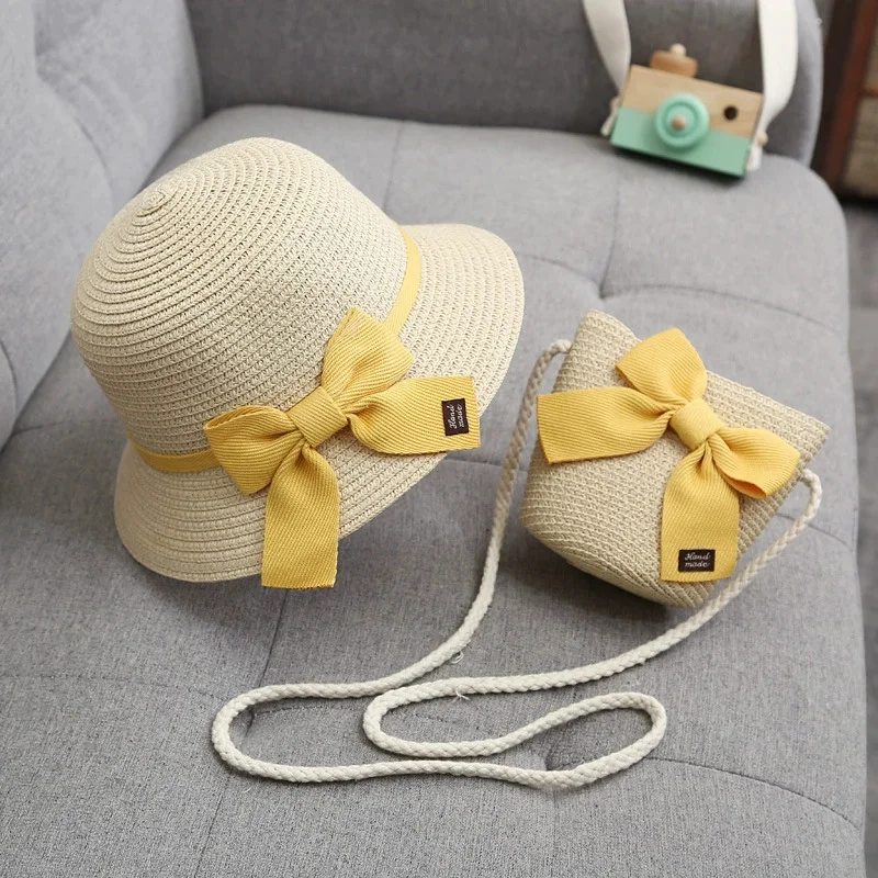 2-9 anni bambini cappello da sole ragazze estate nuova borsa di paglia berretto Set bambino viaggio protezione solare cappelli da spiaggia cappello da pescatore per bambino