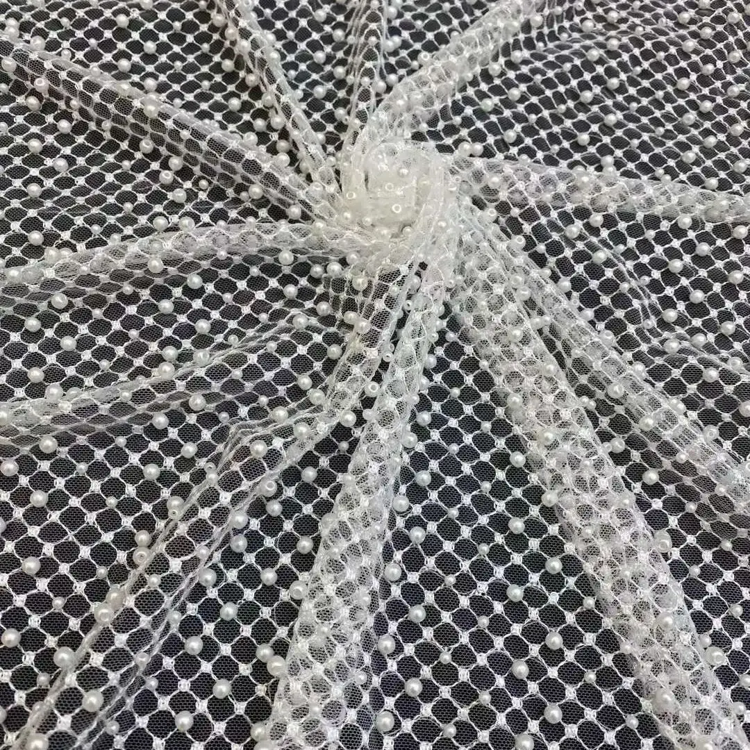 High qualtiy Pearls Embroidery tulle Net,Stones, African fabric/Heavy/Beaded  French Yarn lace/For Party dresses/Wedding,