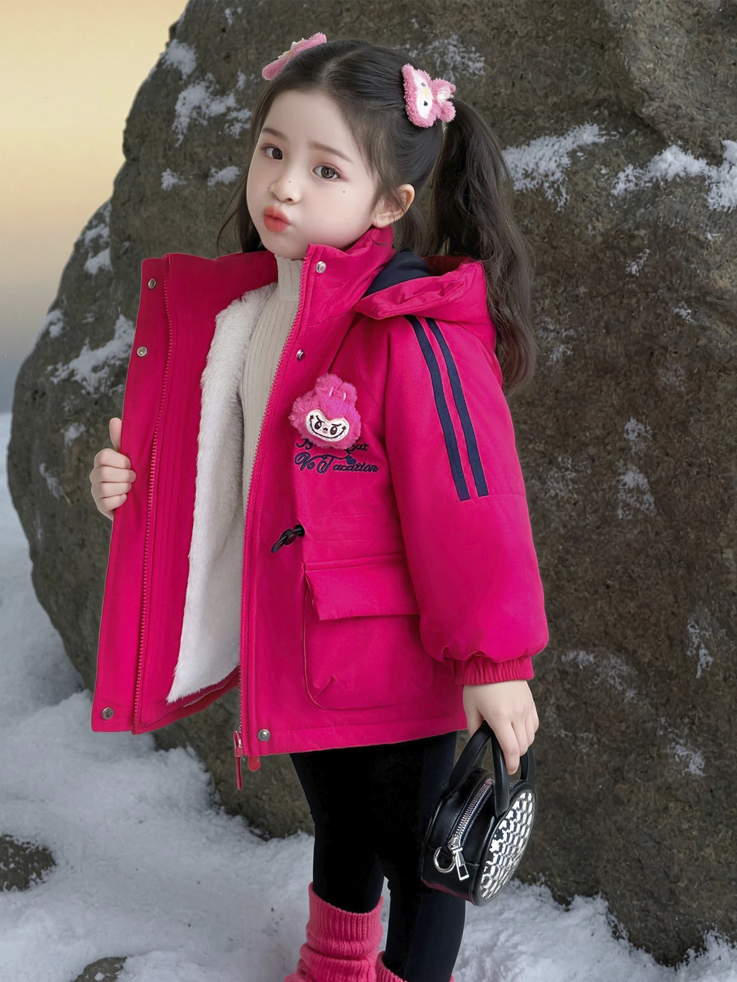 

Thiened Fce Girls Jaet Autumn Winter Coat Warm Cotton Padded Hooded Zipper Closure Long Sve Sweet Sle Children Cl...