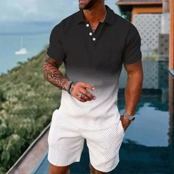 Conjunto de treino de duas peças estampado em 3D, camisa polo gradiente e shorts, roupa casual macia, terno colorido do verão, na moda