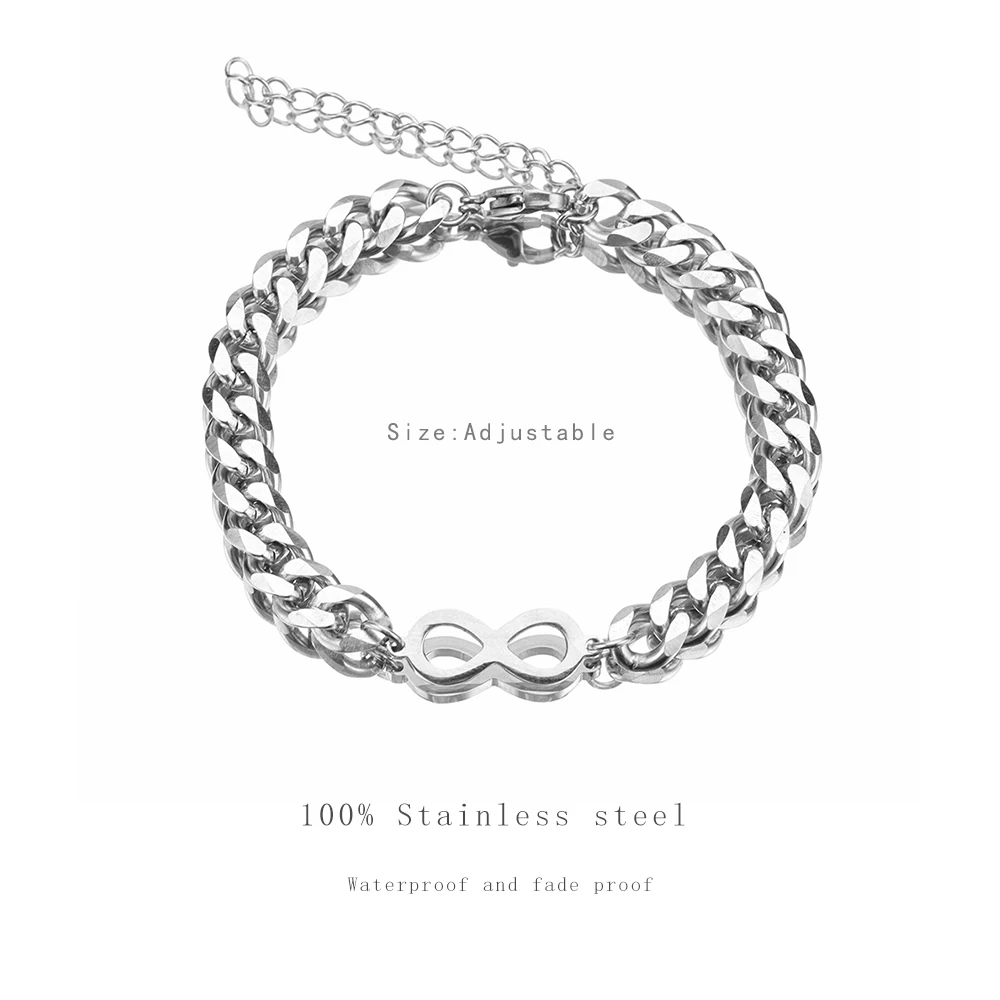 2pcs/set stainless steel infinity symbol bracelet for lovers exquisite titanium steel Cuban chain set bracelet for men and women