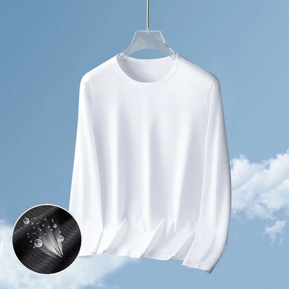 Men's Ice Silk Blend Long Sleeve T-Shirt for Regular Length Fit Quick Dry Round Neck Casual and Sports Use Top