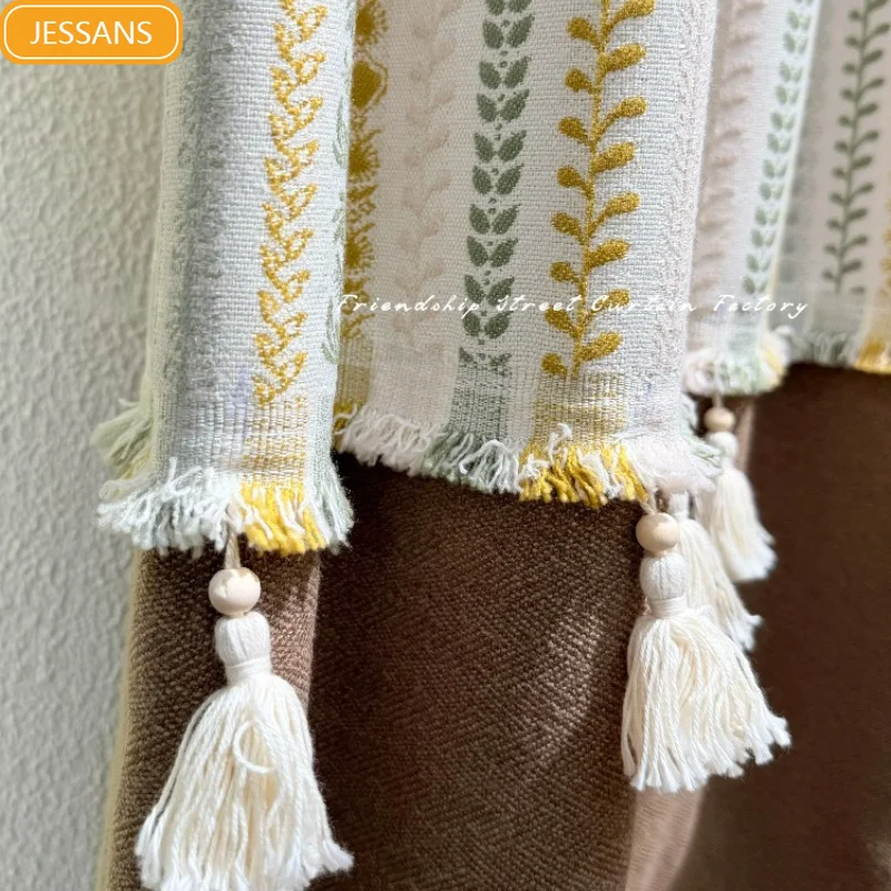 Tassel Cotton and Linen Jacquard Thickened Splicing Curtains for Living Room Bedroom Window French Customized Partition Curtain